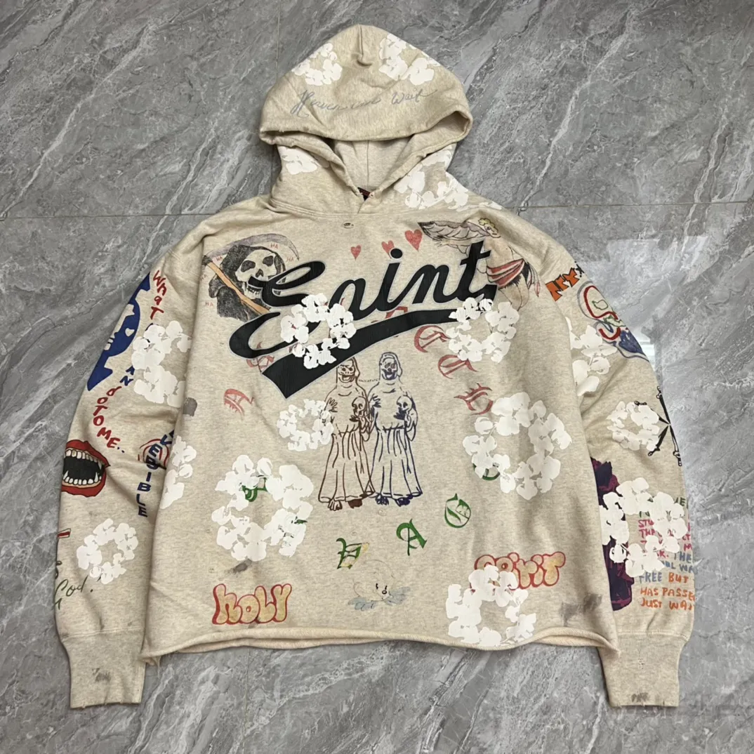 DENIM TEARS × ©SAINT M×××××× "SAINT TEARS" Graffiti Hoodie 22ss co-branded cotton graffiti hoodie, full printed washed distressed hole Vintage sweatshirt, gray S-XL, super heavy duty! The whole piece is printed with 35 screens and counterpoint printing!